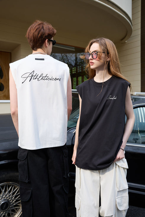 Handwritten Font Outer Wear Sleeveless Drop Shoulder Vest Unisex T-shirt
